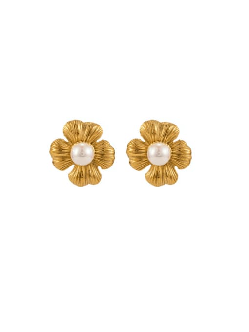 JDE2307021 gold Stainless steel Imitation Pearl Flower Hip Hop Stud Earring