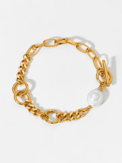 SAK824 Gold Stainless steel Imitation Pearl Hollow Geometric  Chain Hip Hop Link Bracelet