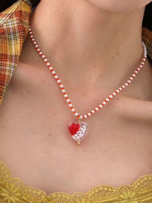 Five Color Brass Enamel Heart Vintage Beaded Necklace 1