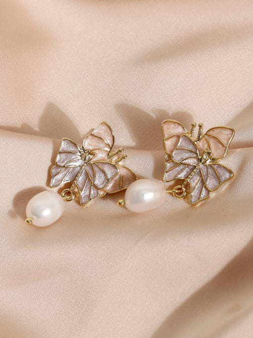HYACINTH Brass Freshwater Pearl Enamel Butterfly Vintage Clip Earring 3