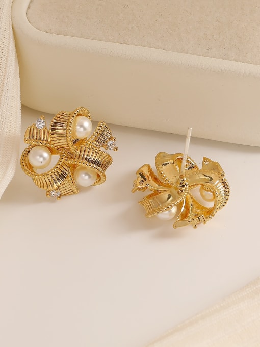 HYACINTH Brass Imitation Pearl Geometric Dainty Stud Earring 2