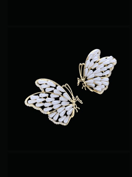 SUUTO Brass Imitation Pearl Butterfly Statement Stud Earring 0