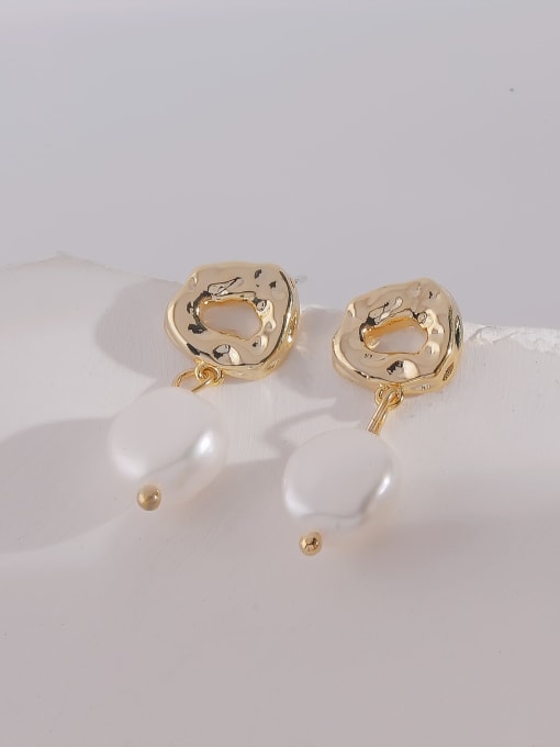 14k Gold Brass Freshwater Pearl Geometric Minimalist Drop Earring