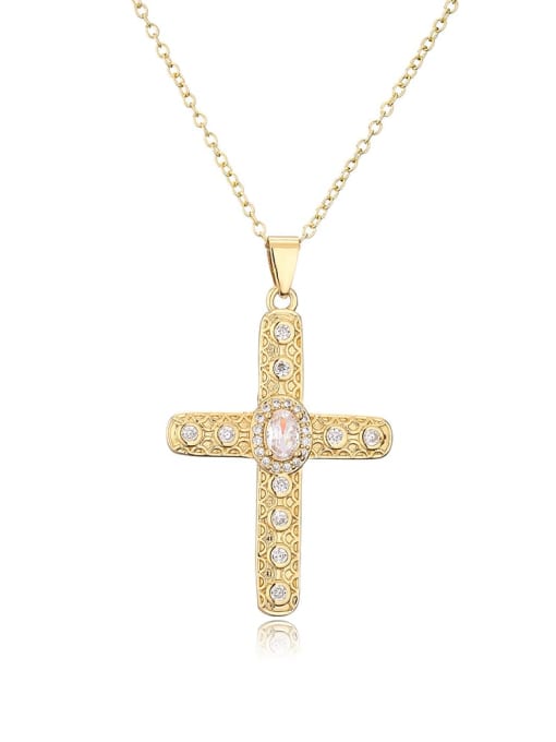 21774 Brass Cubic Zirconia Cross Vintage Regligious Necklace