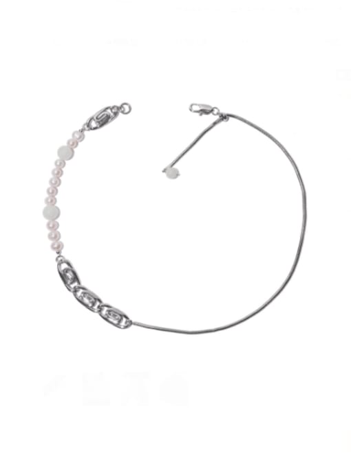 Platinum Brass Freshwater Pearl Geometric Artisan symmetrical Chain  Necklace