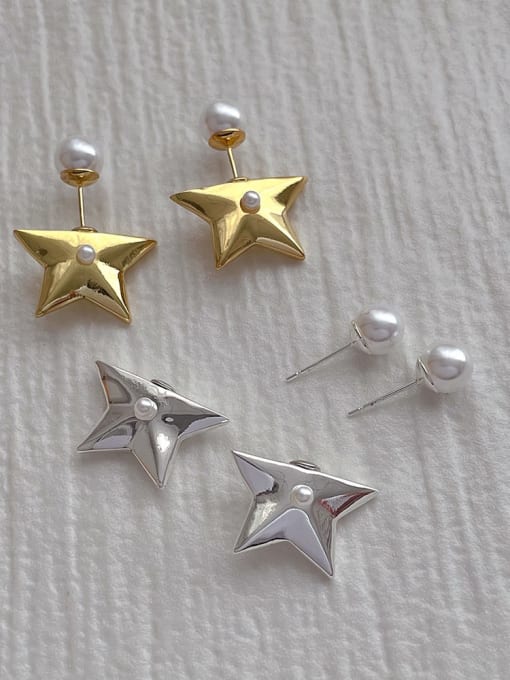 ZRUI Brass Imitation Pearl Pentagram Minimalist Stud Earring 1