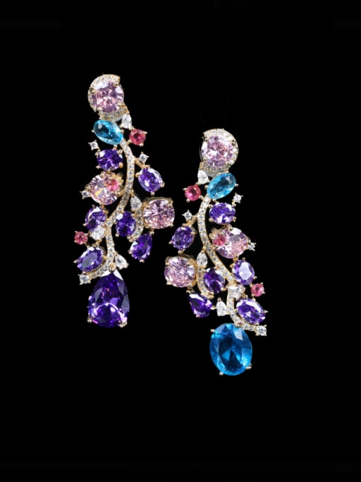 OUOU Brass Cubic Zirconia Multi Color Water Drop Luxury Cluster Earring