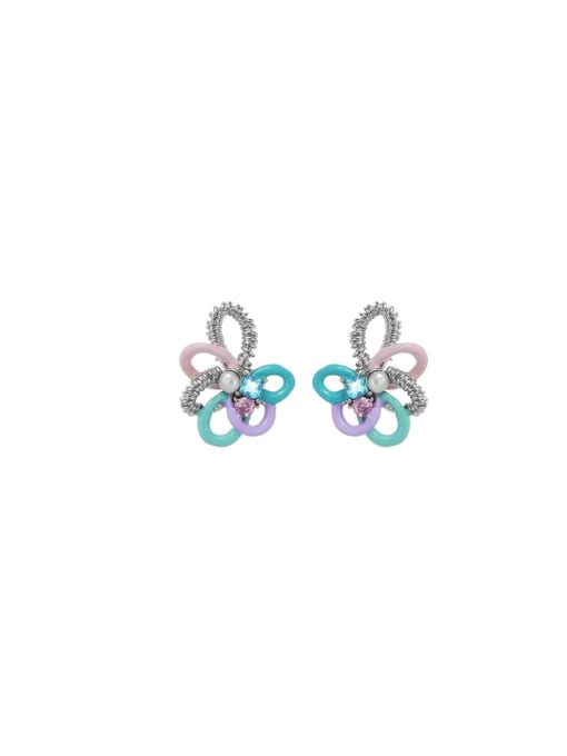 Five Color Brass Imitation Pearl Enamel Flower Cute Stud Earring 0