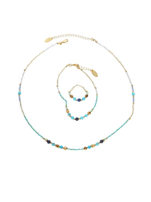 ACCA Brass Natural Stone Bohemia Round  Earring Ring and Necklace Set 0