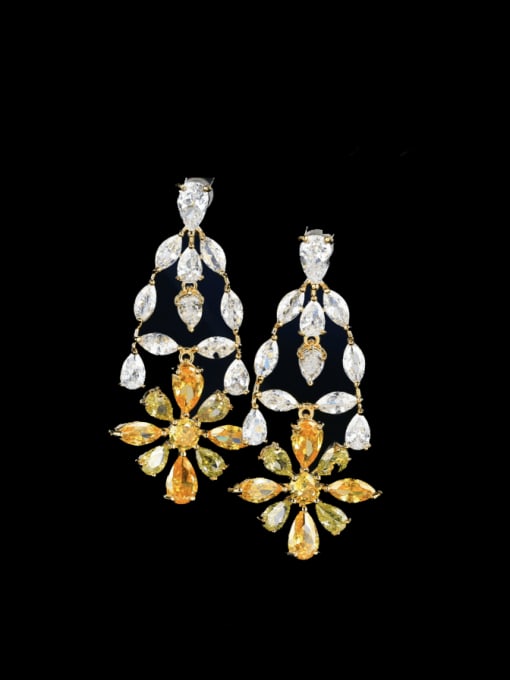 yellow Brass Cubic Zirconia Flower Luxury Cluster Earring