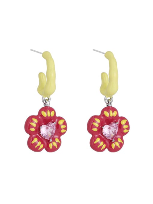 Red Flower Style Brass Enamel Flower Minimalist Drop Earring