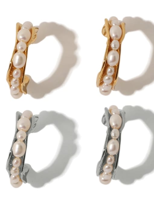 ACCA Brass Freshwater Pearl Simple irregular C shape Vintage Stud Earring 2