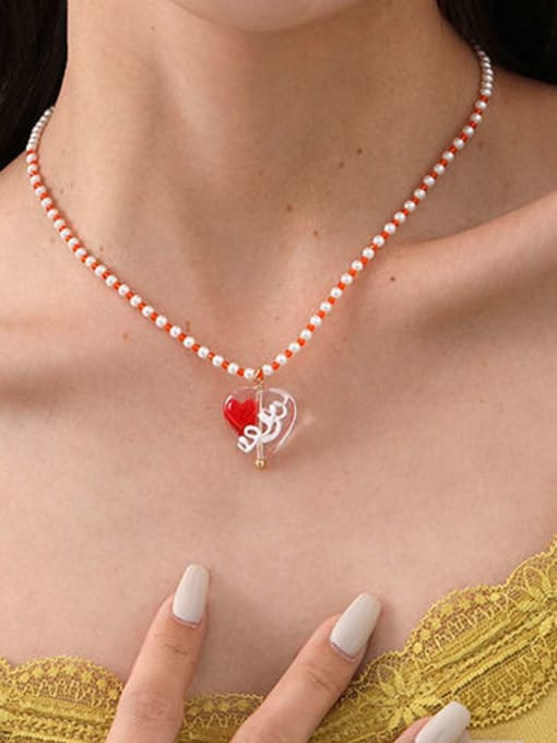 Five Color Brass Enamel Heart Vintage Beaded Necklace 2