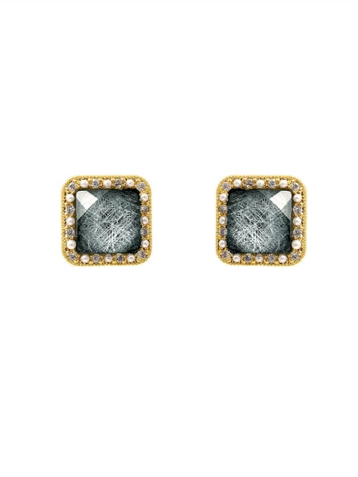 14k Gold Brass Glass Stone Geometric Vintage Stud Trend Korean Fashion Earring
