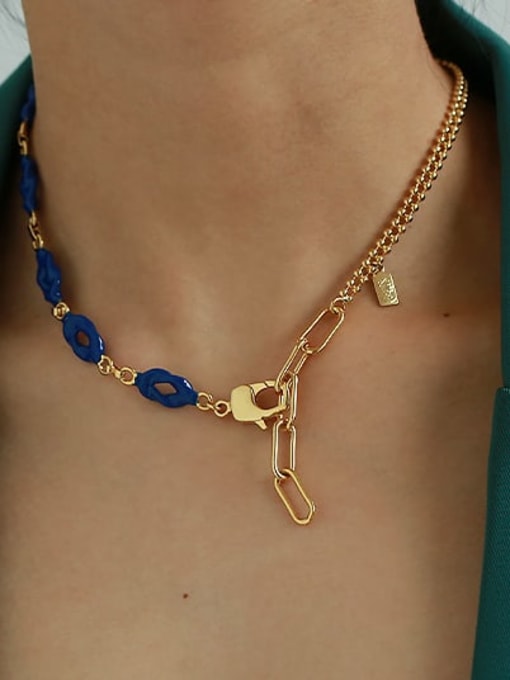 Blue oil dripping Brass Enamel Hollow Geometric Vintage Necklace
