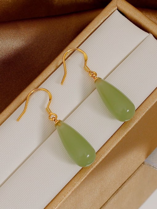 Green chalcedony droplets Brass Jade Water Drop Minimalist Hook Earring