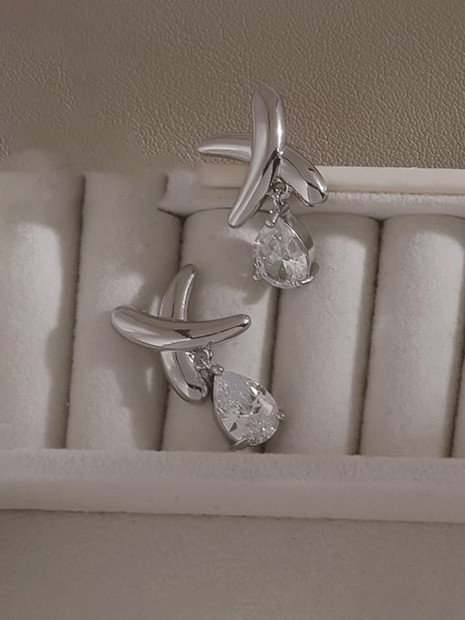 White K Brass Cubic Zirconia Water Drop Minimalist Stud Earring