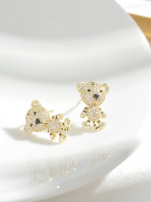 Gold E1074 Brass Cubic Zirconia Bear Cute Stud Earring