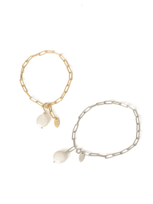 Five Color Brass Freshwater Pearl Geometric Chain Minimalist Link Bracelet 3