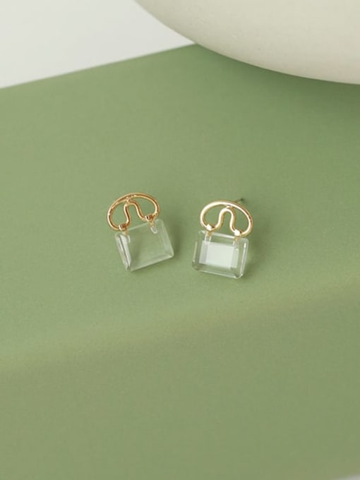 Five Color Brass Glass Stone Locket Minimalist Stud Earring 2