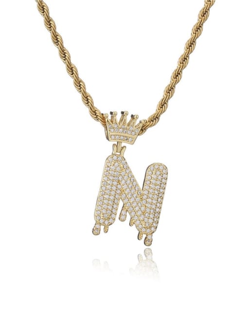N Brass Cubic Zirconia Crown Hip Hop Letter Pendant Necklace