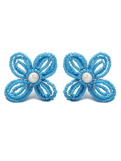 Sky blue earrings Brass Glass beads Multi Color Flower Bohemia Pure handmade Weave Earring