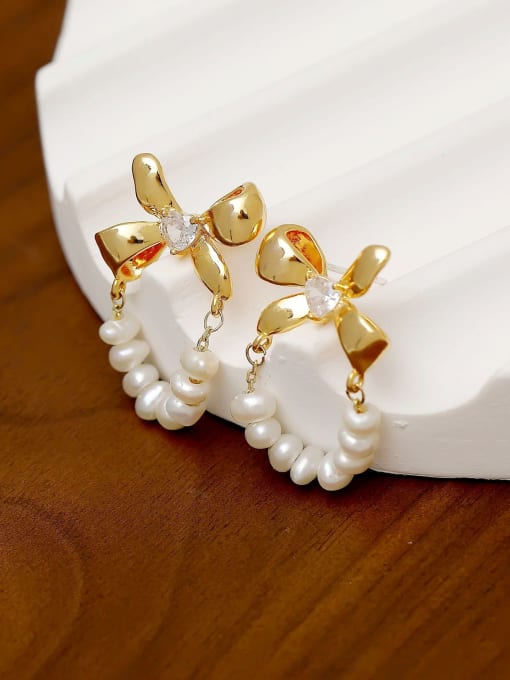 18K gold Brass Imitation Pearl Bowknot Minimalist Drop Earring