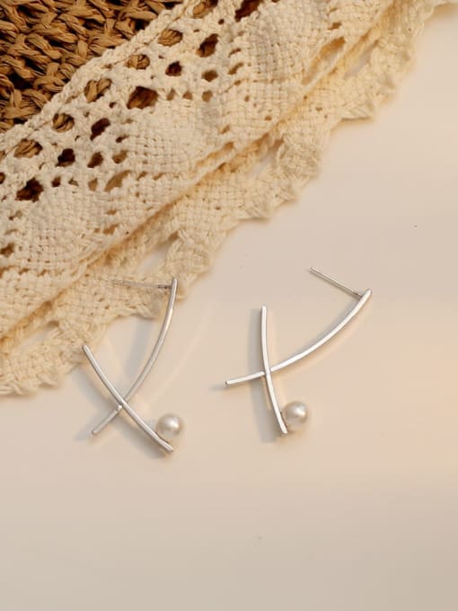 white K Copper Imitation Pearl Cross Minimalist Stud Trend Korean Fashion Earring
