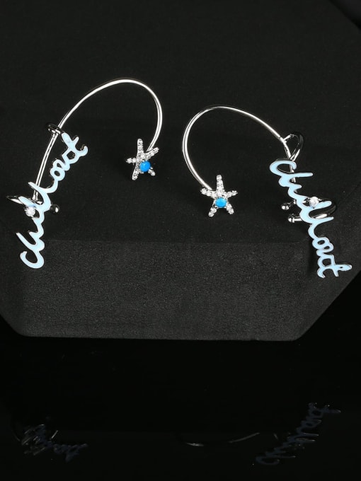 blue Brass Cubic Zirconia Letter Minimalist Hook Earring