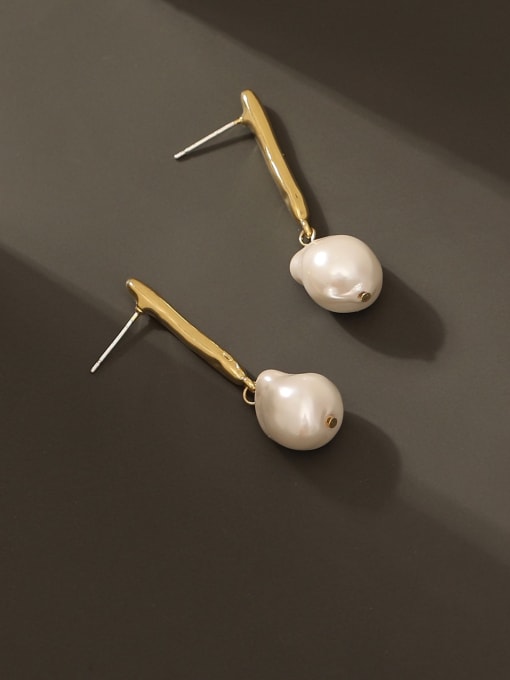 14k Gold Brass Imitation Pearl Geometric Minimalist Drop Earring