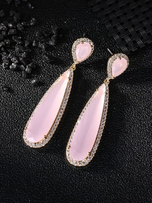 Pink Jade Brass Cubic Zirconia Water Drop Luxury Drop Earring