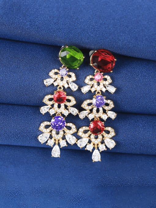 Decor Brass Cubic Zirconia Multi Color Flower Luxury Cluster Earring