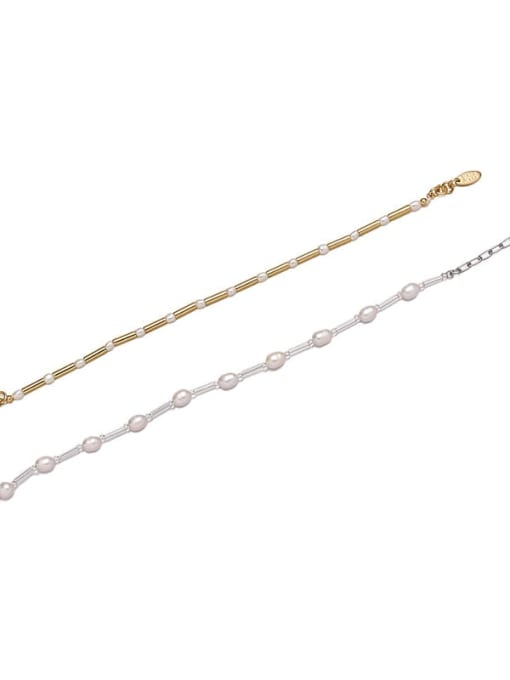 Five Color Brass Freshwater Pearl Geometric Minimalist Link Bracelet 3