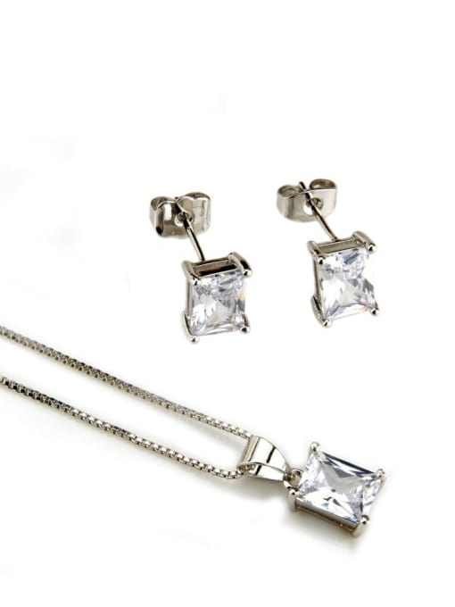 Platinum plated white zirconium Brass Rectangle Cubic Zirconia Earring and Necklace Set
