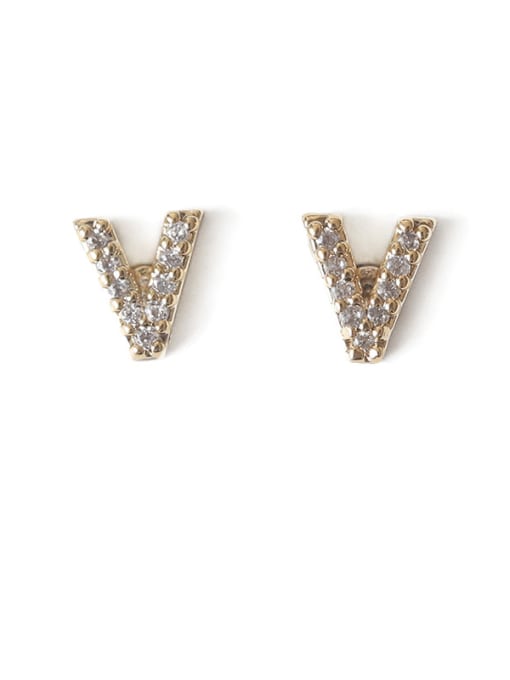 V Brass Cubic Zirconia Letter Minimalist Stud Earring
