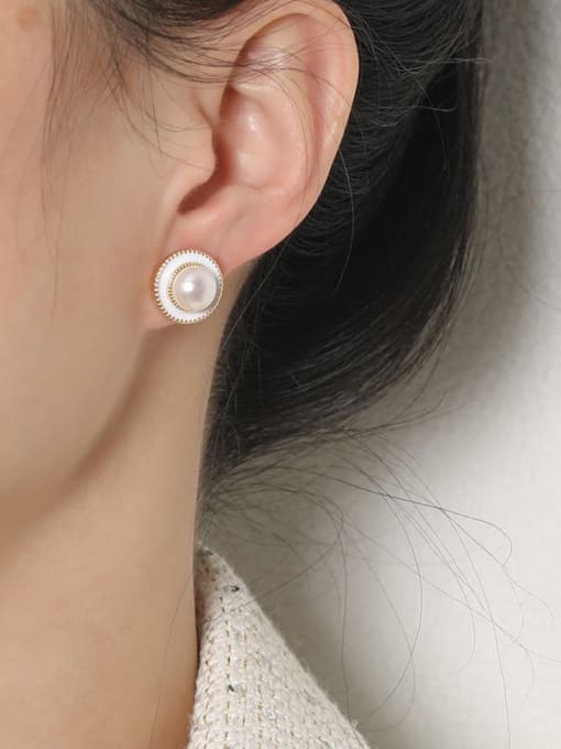 HYACINTH Brass Freshwater Pearl Enamel Geometric Vintage Stud Earring 1