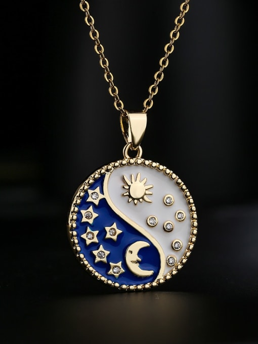 AOG Brass Cubic Zirconia Enamel Star Moon Vintage  Round Pendant Necklace 1