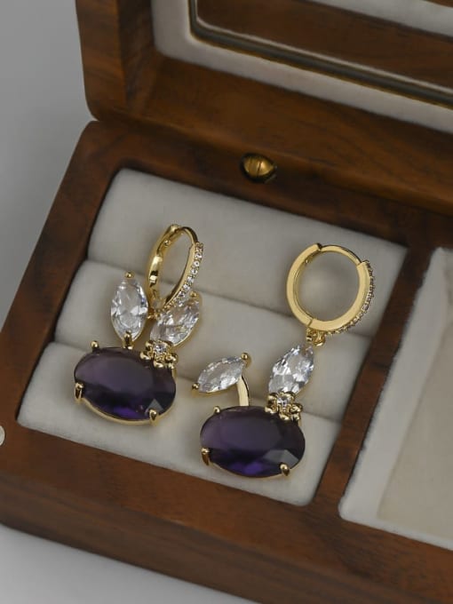 Gold Purple ED65913 Brass Cubic Zirconia Rabbit Dainty Drop Earring