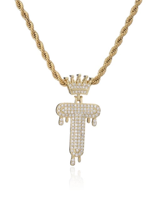 T Brass Cubic Zirconia Crown Hip Hop Letter Pendant Necklace