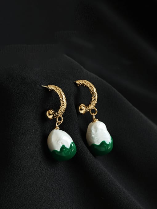 Green oil Pearl Earrings Brass Imitation Pearl Geometric Minimalist Huggie Earring