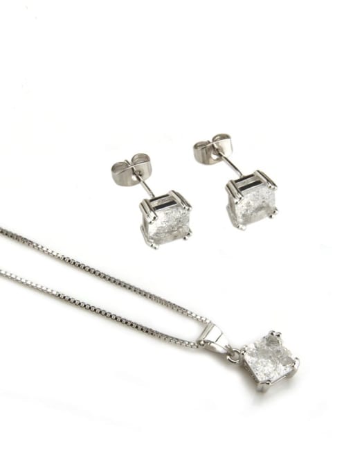 Platinum plated white zircon Brass Square Cubic Zirconia Earring and Necklace Set