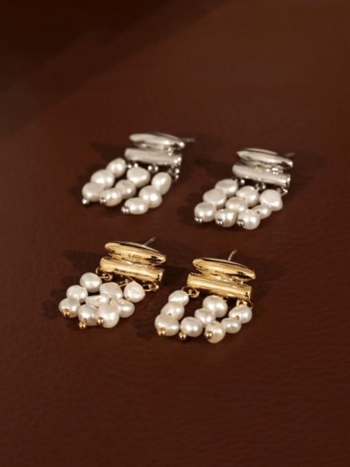 Five Color Brass Freshwater Pearl Tassel Minimalist Earring 1