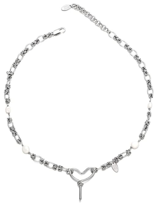 Platinum Titanium Steel Freshwater Pearl Heart Trend Tassel Necklace