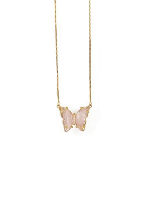 Pink Necklace Brass Glass Stone Butterfly Minimalist Pendant Necklace