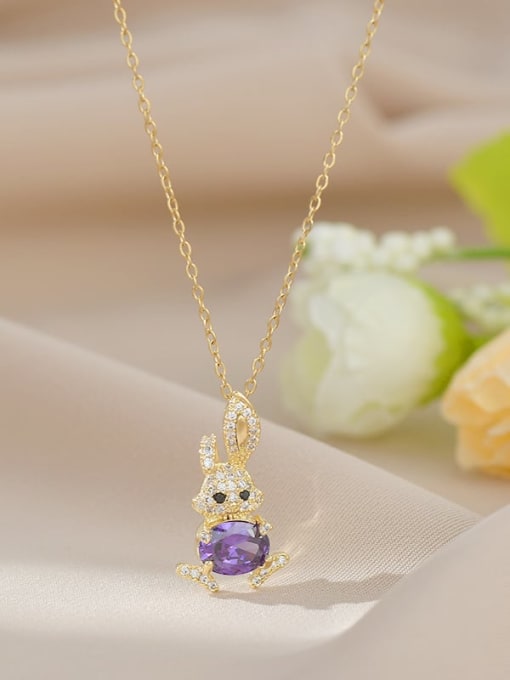 Golden Purple XL62765 Brass Cubic Zirconia Pink Rabbit Dainty Necklace