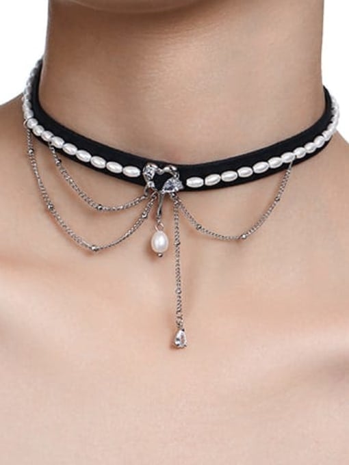 TINGS Brass Imitation Pearl Artificial Leather Heart Hip Hop Multi Strand Necklace 1