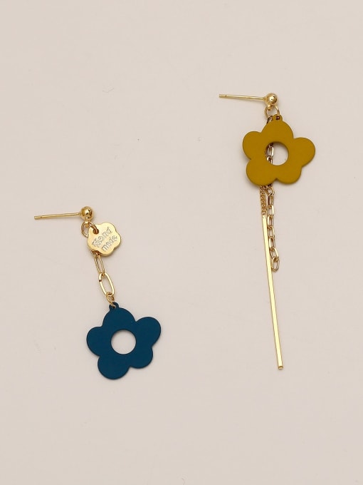 Dark blue and ginger Brass Enamel Asymmetry Flower Ethnic Drop Trend Korean Fashion Earring
