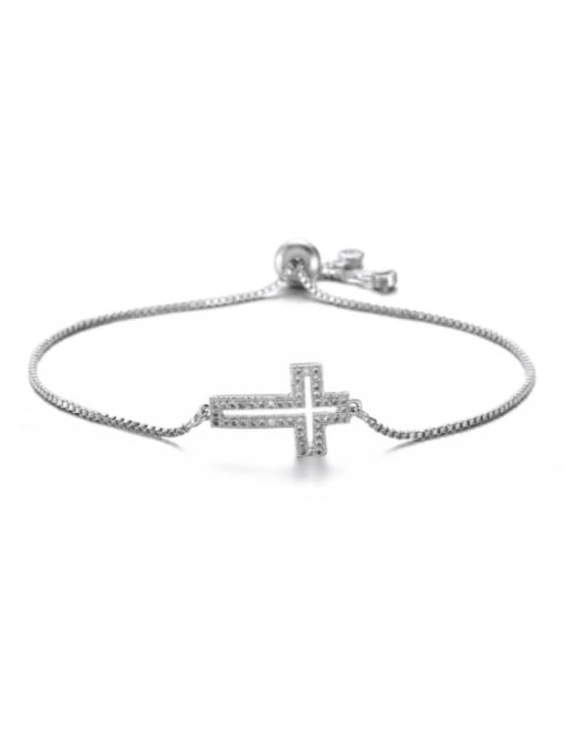 platinum Brass Cubic Zirconia Hollow Cross Minimalist Adjustable Bracelet