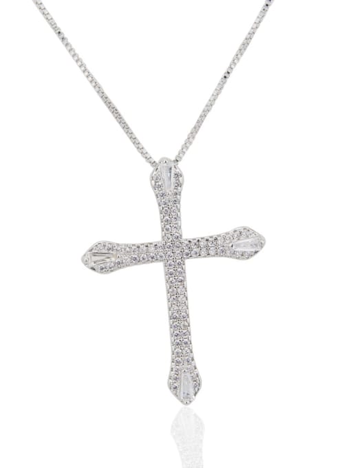 silvery white Brass Cubic Zirconia Cross Pendant Necklace