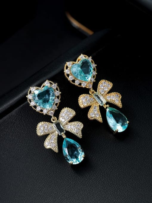 金色蓝 E776 Brass Cubic Zirconia Blue Bowknot Dainty Stud Earring